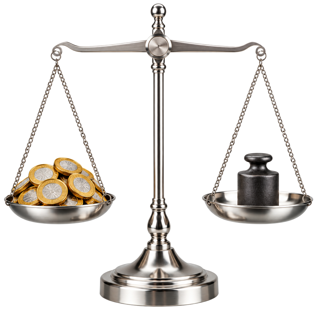 Chrome balance scale with a pile of ₹10 coins and an iron weight