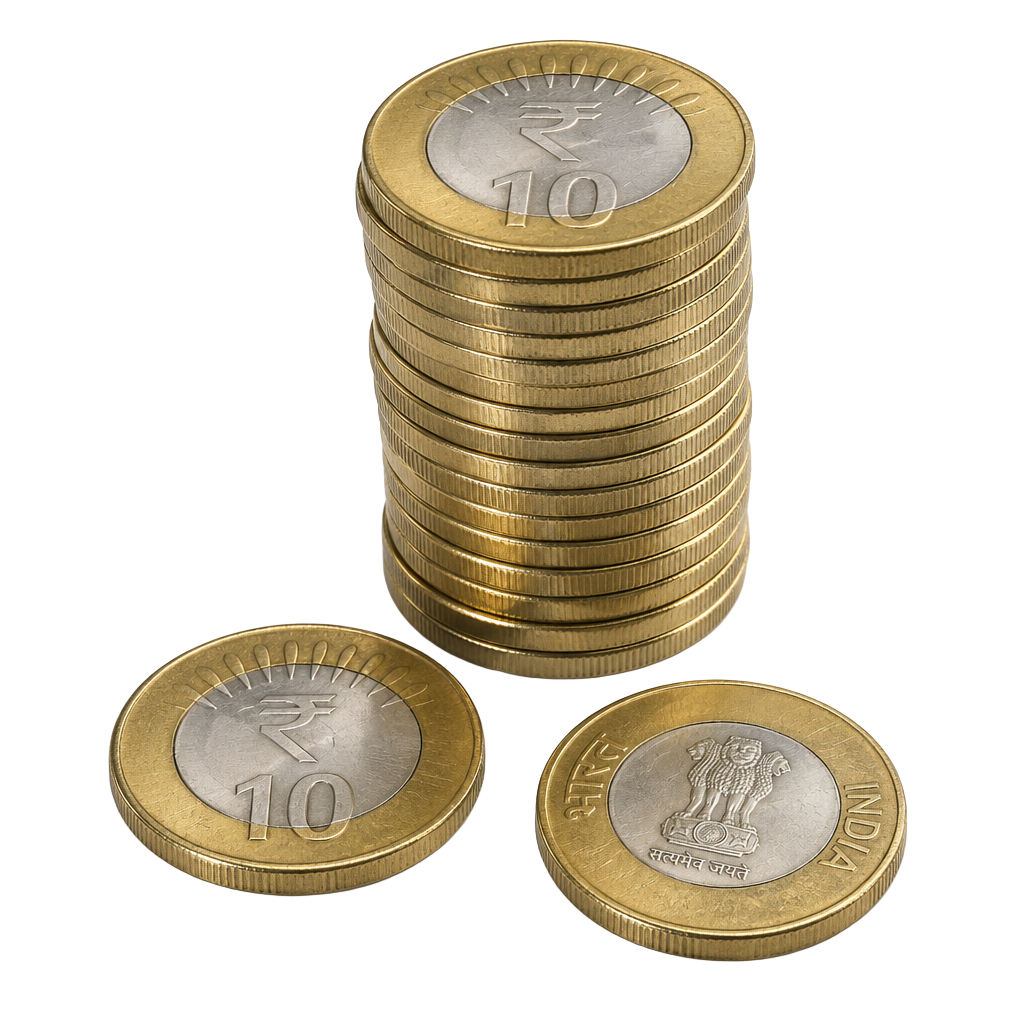 Realistic Indian ₹10 coins with gold rings and silver centres